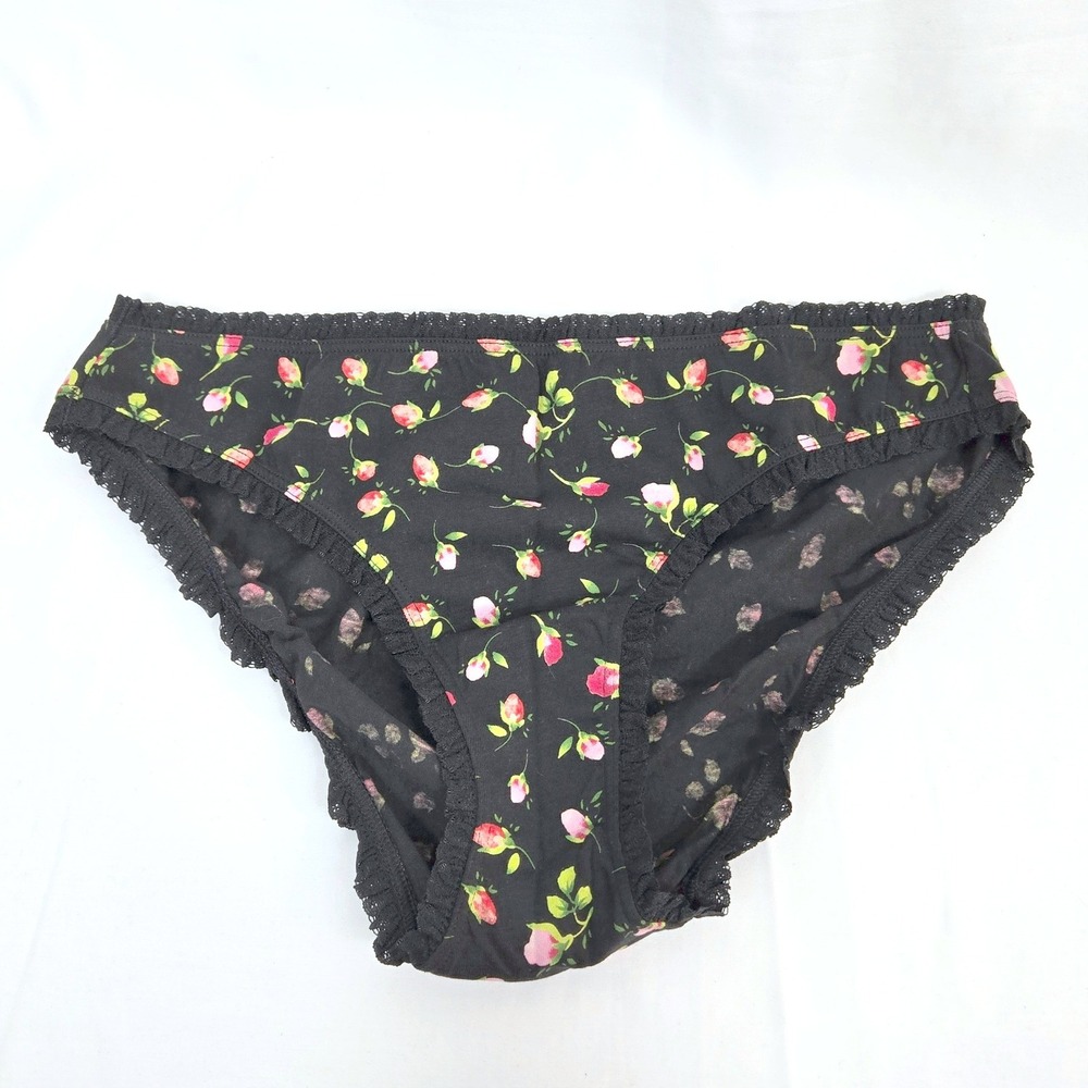 Vtg Victoria's Secret Black Red Floral Rose Bud Lace Trim Bikini Panty Large NWT